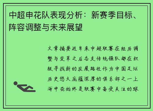 中超申花队表现分析：新赛季目标、阵容调整与未来展望